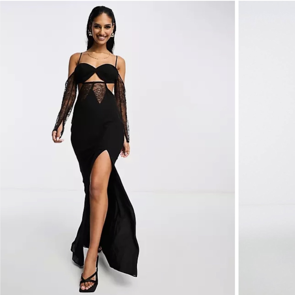 ASOS DESIGN corset detail cold shoulder maxi dress with lace inserts in black - Picture 5 of 8